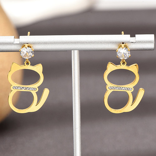 1 Pair Simple Style Cat Stainless Steel  Plating Hollow Out Inlay Artificial Rhinestones Drop Earrings