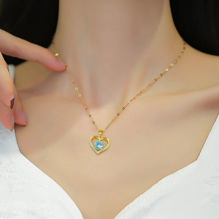 Fashion Heart Shape Stainless Steel Copper Inlay Zircon Pendant Necklace