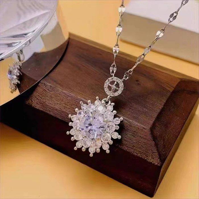 Casual Simple Style Flower Bow Knot Stainless Steel Plating Inlay Zircon Necklace