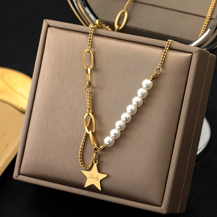 Vintage Style Luxurious Pentagram Letter Imitation Pearl Stainless Steel Plating 18K Gold Plated Pendant Necklace