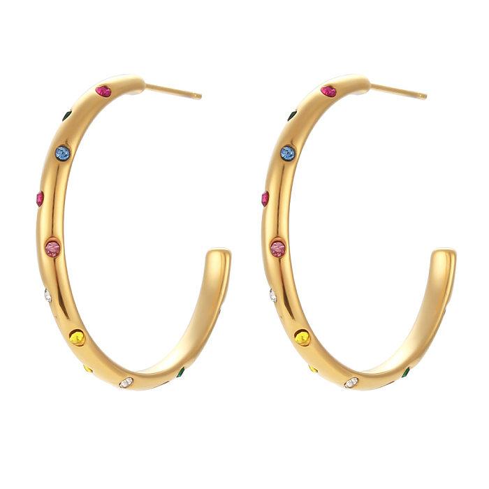 Fashion Stainless Steel  Plated 18K Gold Oversized Zircon Inlaid Earrings