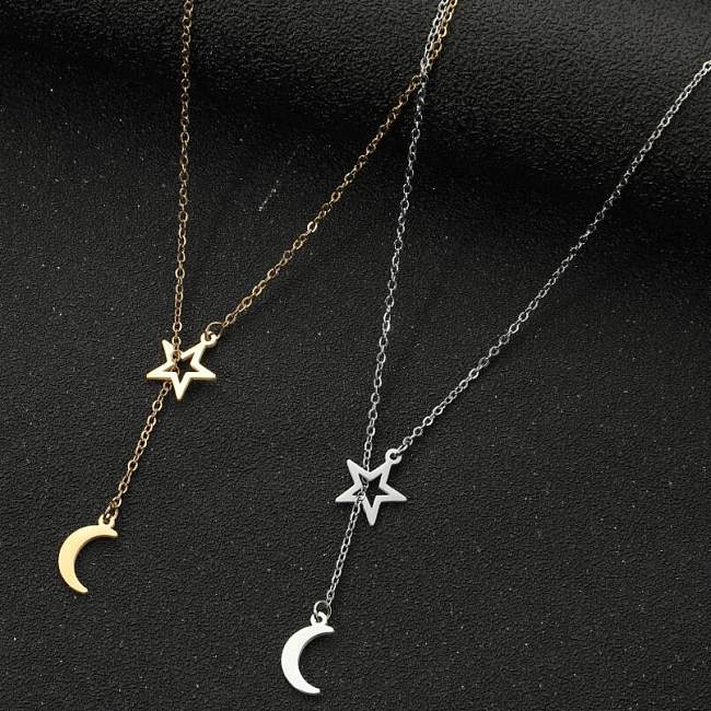 Moderner Stil, schlichter Stil, Stern- und Mond-Halskette mit Edelstahl-Beschichtung, ausgehöhlter Anhänger
