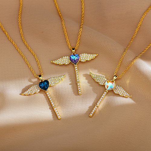 Collier avec pendentif en forme d'ailes en forme de cœur, Style Simple et décontracté, en acier inoxydable, placage de cuivre, incrustation de Zircon