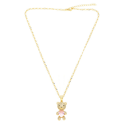 Cute Sweet Little Bear Stainless Steel  Copper Plating Inlay Zircon 18K Gold Plated Necklace