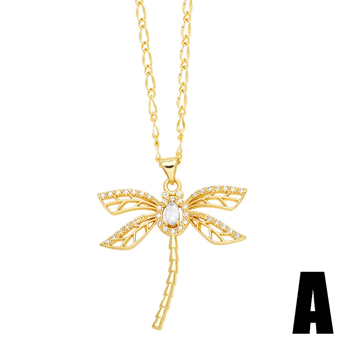 Casual Simple Style Dragonfly Stainless Steel  Copper Plating Inlay Zircon 18K Gold Plated Pendant Necklace Long Necklace