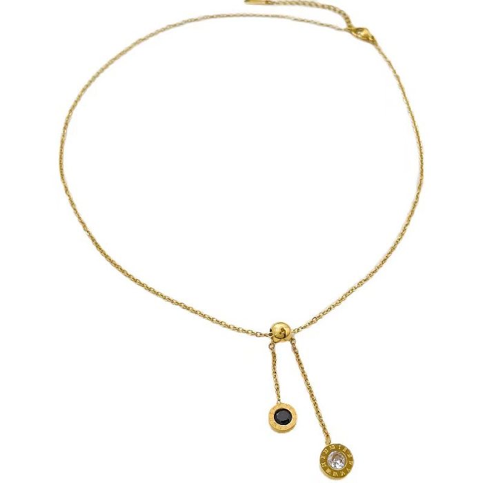Halskette mit rundem Anhänger im INS-Stil, Edelstahl-Inlay, Zirkon, 18 Karat vergoldet