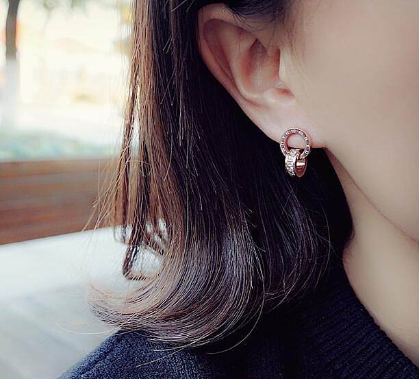 Boucles d'oreilles coréennes en acier inoxydable, petits diamants carrés, chiffres romains, Double anneau