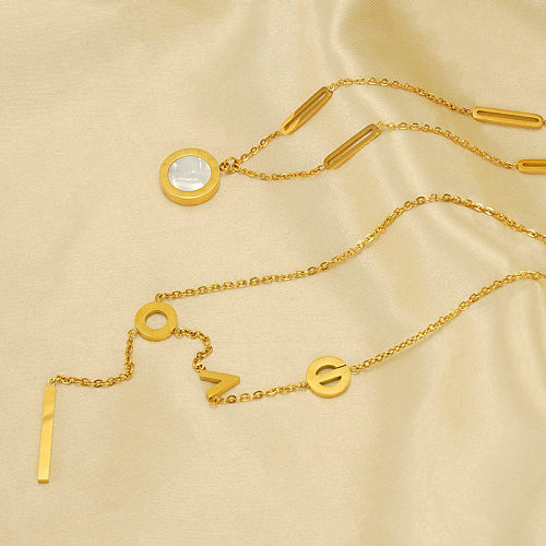Elegante Halskette mit rundem Buchstaben-Anhänger aus Edelstahl mit Intarsien-Muschel und 18-Karat-Vergoldung