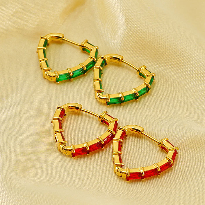 1 Paar elegante, glamouröse, herzförmige, plattierte Ohrringe aus Edelstahl mit Zirkon und 18-Karat-Vergoldung