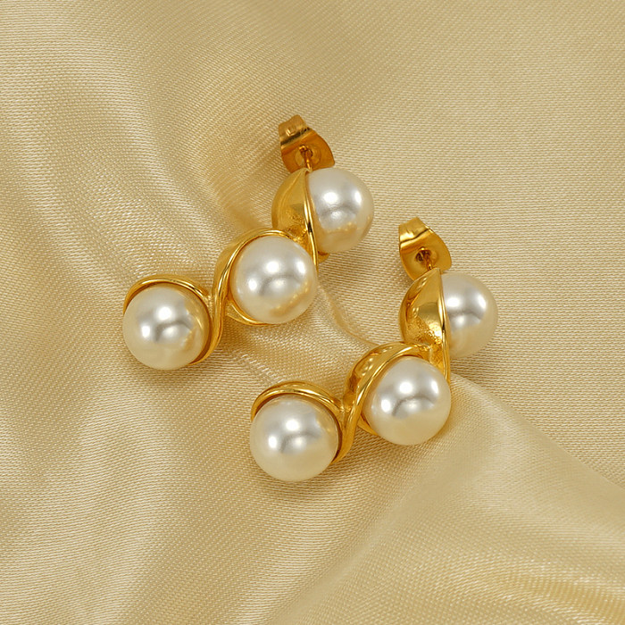 1 Pair Vintage Style Pea Polishing Plating Inlay Stainless Steel  Pearl 18K Gold Plated Earrings