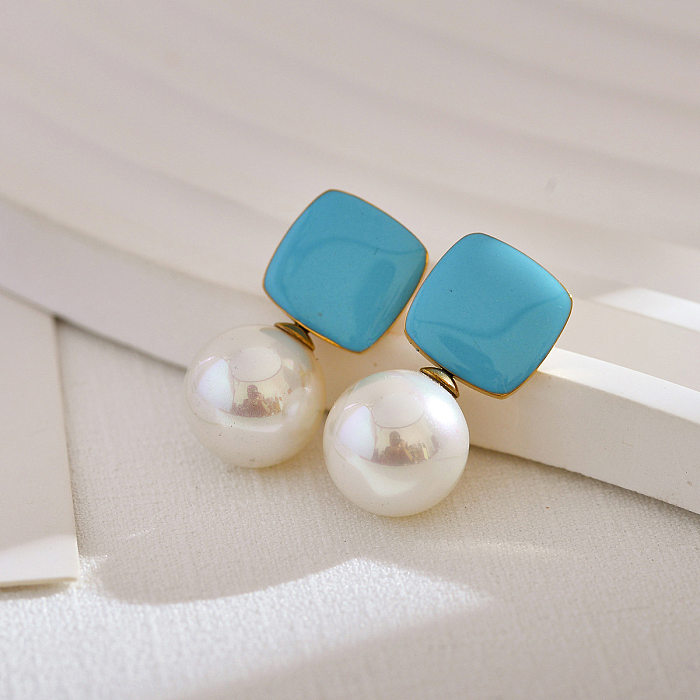 1 par de pendientes colgantes de perlas artificiales de acero inoxidable con incrustaciones de esmalte cuadrado de estilo simple