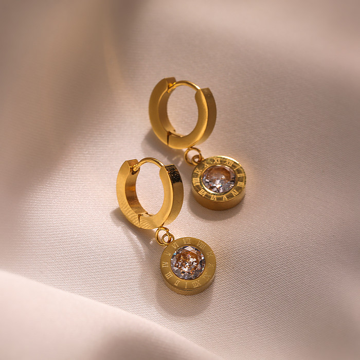 1 par casual estilo simples número redondo forma de coração chapeamento incrustação de aço inoxidável zircão 18k brincos banhados a ouro