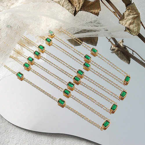 Retro Style Light Luxury Emerald Zircon Necklace Stainless Steel Plated 18K Real Gold Necklace