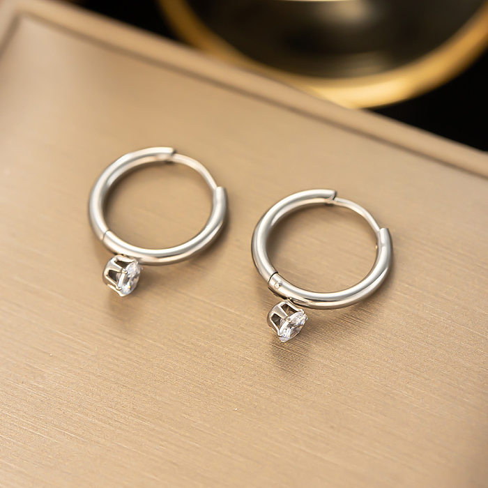 1 Pair Sweet Round Inlay Stainless Steel Zircon Earrings