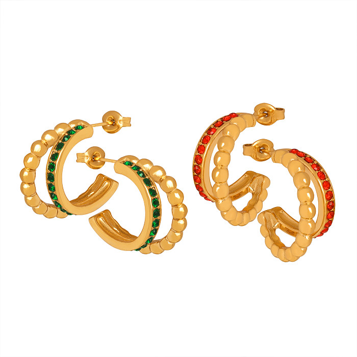 1 Paar elegante, glamouröse Ohrstecker in C-Form mit Inlay aus Edelstahl-Strasssteinen und 18 Karat vergoldet