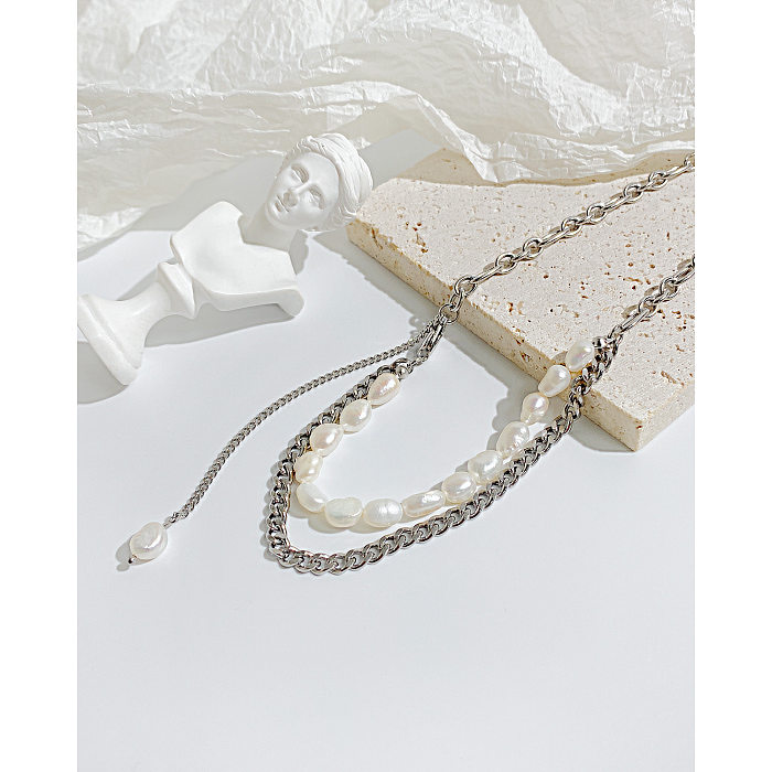 Modische geometrische Edelstahl-Imitationsperlen-Halskette, geschichtete Quasten-Beschichtung, Edelstahl-Halsketten
