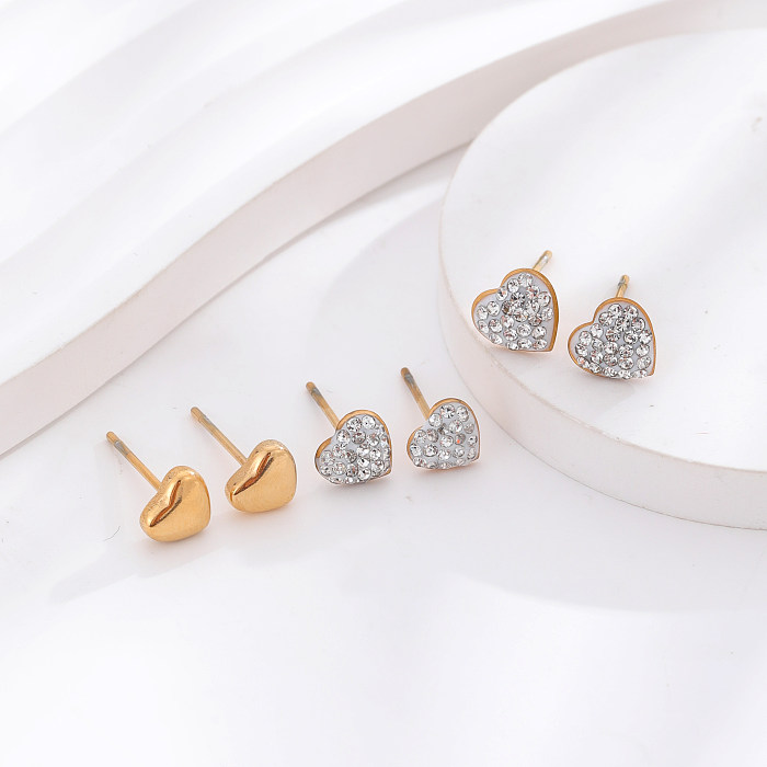3 Pairs Simple Style Round Heart Shape Stainless Steel Inlay Shell Zircon 24K Gold Plated Ear Studs