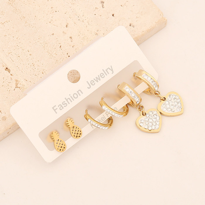 1 Set Lady Commute Letter Star Heart Shape Inlay Stainless Steel  Zircon Earrings