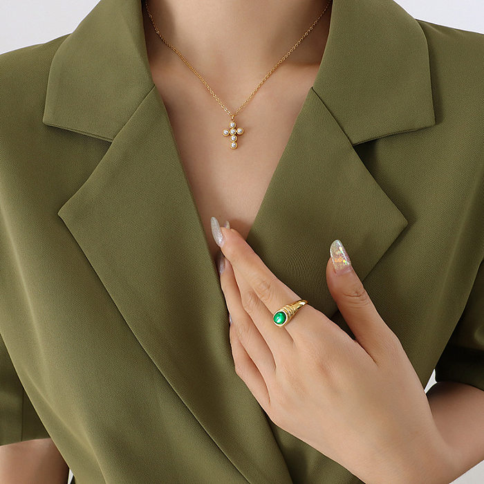 Collier pendentif en perles artificielles, Style Simple, croix en acier inoxydable, incrustation de placage