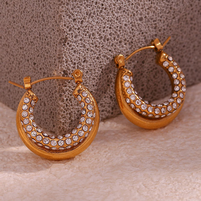 1 Pair French Style Round Stainless Steel  Plating Inlay Zircon 18K Gold Plated Hoop Earrings