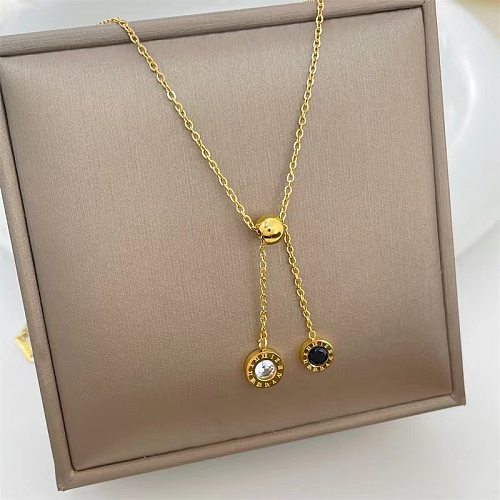 INS Style Round Stainless Steel Inlay Zircon 18K Gold Plated Pendant Necklace