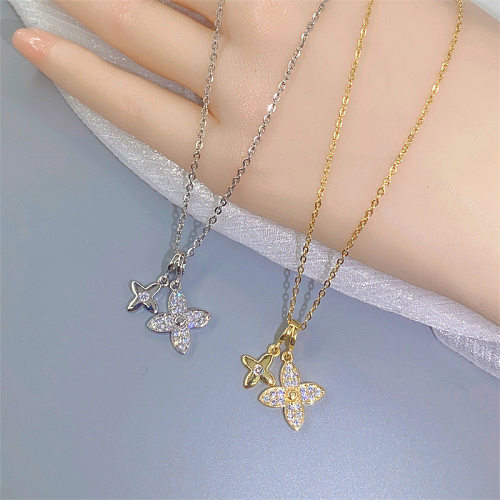 Fashion Four Leaf Clover Stainless Steel Inlay Zircon Pendant Necklace 1 Piece