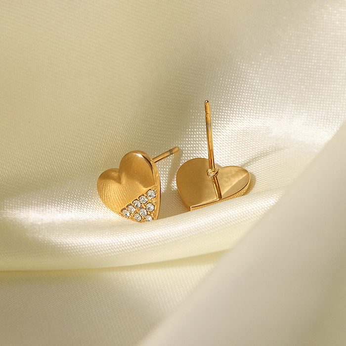 Sweet Heart Shape Stainless Steel  Gold Plated Artificial Diamond Ear Studs 1 Pair