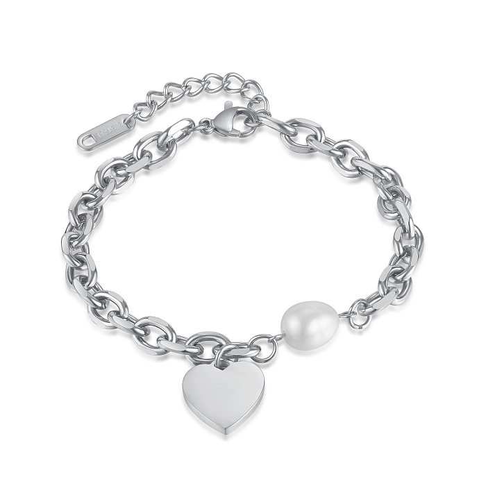 Pulseras de perlas de acero titanio con forma de corazón de estilo simple y elegante