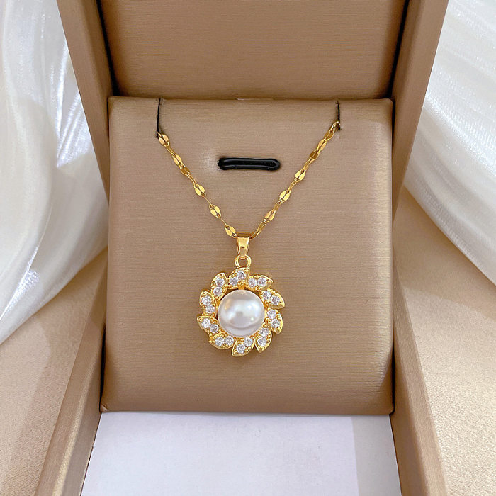 Collier avec pendentif en forme de fleur douce, en acier inoxydable, placage de cuivre, incrustation de perles en Zircon, 1 pièce