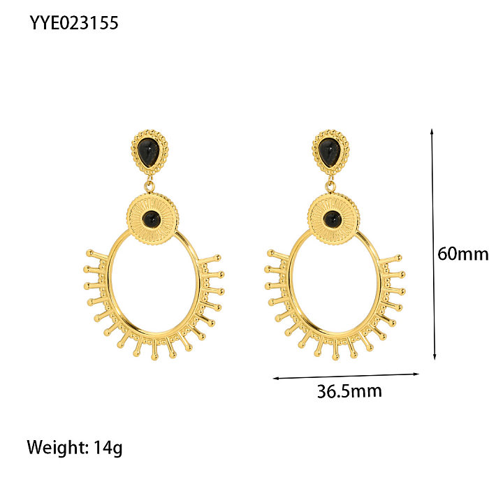 1 paire de boucles d'oreilles pendantes plaquées or 18 carats, Style Vintage, incrustation ronde en acier inoxydable, pierre naturelle