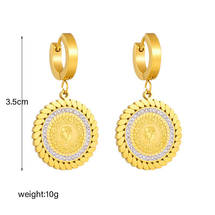 1 Piece Vintage Style Streetwear Portrait Plating Inlay Carving Stainless Steel Rhinestones 18K Gold Plated Drop Earrings