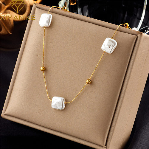 Collar chapado en oro de 18 quilates con perlas artificiales cuadradas de estilo barroco, chapado en acero inoxidable