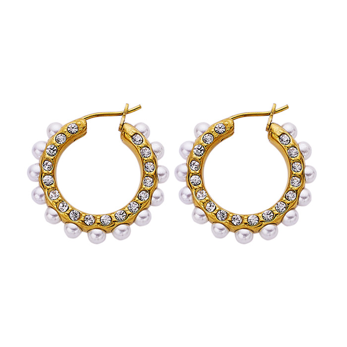 1 Piece Retro Round Plating Inlay Stainless Steel  Stainless Steel Rhinestones Pearl Gold Plated Earrings