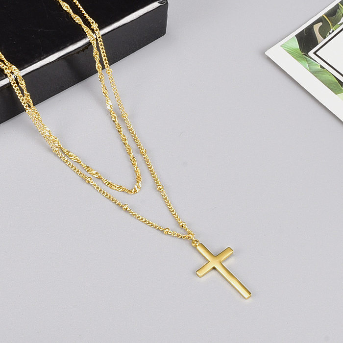 L253 Wholesale Double Layer Cross Plated 18K Gold Stainless Steel Necklace European And American Style Fashion Short Necklace Female Style