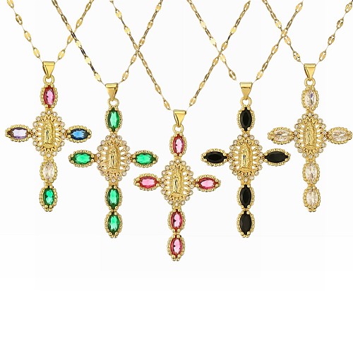 Schlichter Stil, Pendel-Halskette mit menschlichem Kreuz, Edelstahl, Kupferbeschichtung, Inlay, Zirkon, vergoldet