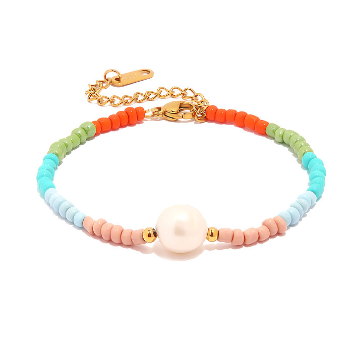 Artistic Colorful Stainless Steel Beaded Freshwater Pearl 18K Gold Plated Bracelets In Bulk