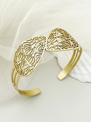 Elegant Leaves Stainless Steel Plating Hollow Out Gold Plated Cuff Bracelets