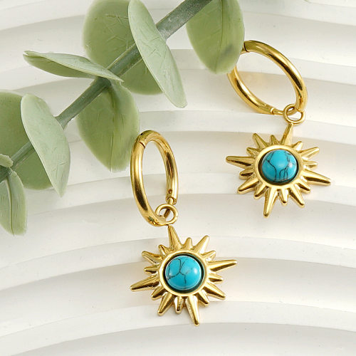 Boucles d'oreilles pendantes plaquées or 18 carats, style simple, soleil, incrustation en acier inoxydable, turquoise