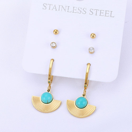 Fashion Geometric Stainless Steel  Inlay Turquoise Rhinestone Earrings Ear Studs
