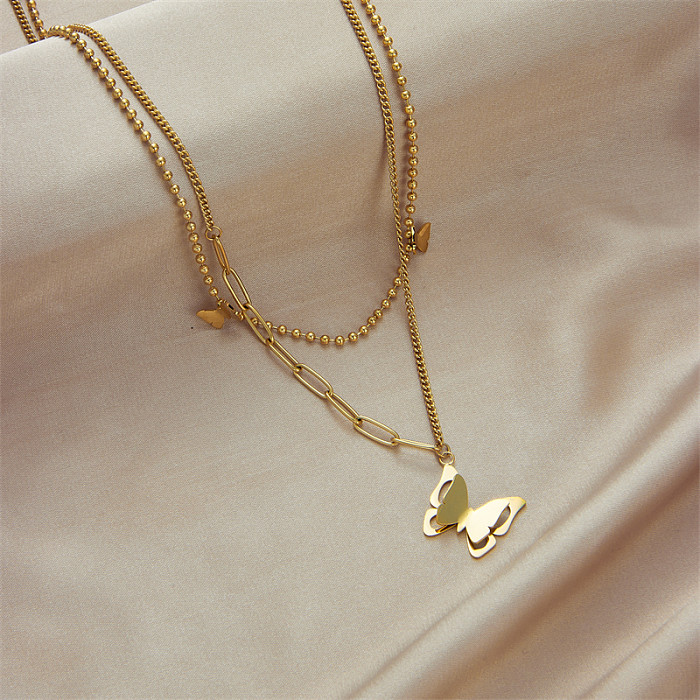 Simple Style Butterfly Stainless Steel Plating 18K Gold Plated Double Layer Necklaces