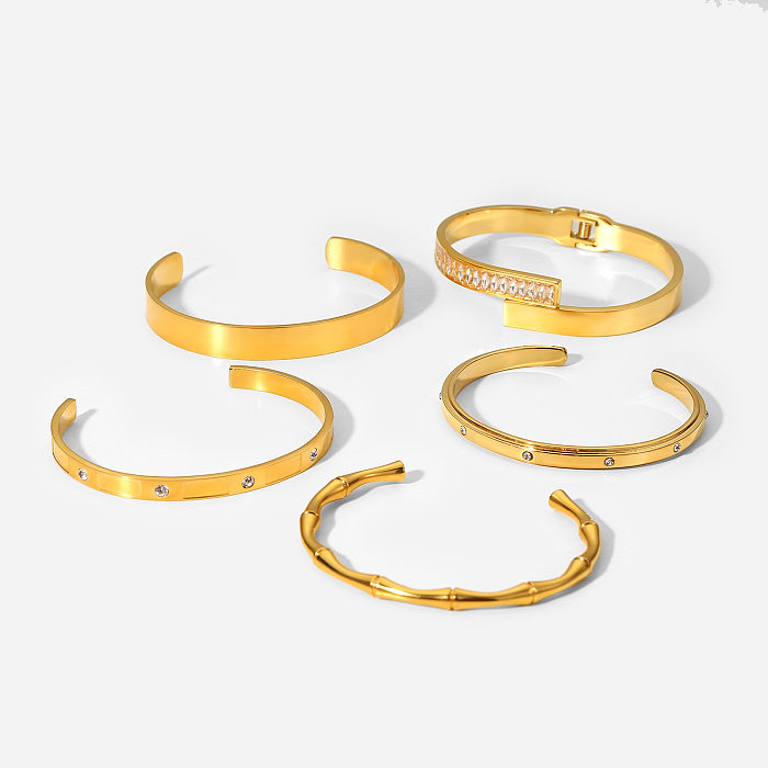 Bracelet en acier inoxydable plaqué or 18 carats pour femmes, ouvert en Zircon incrusté, mode rétro