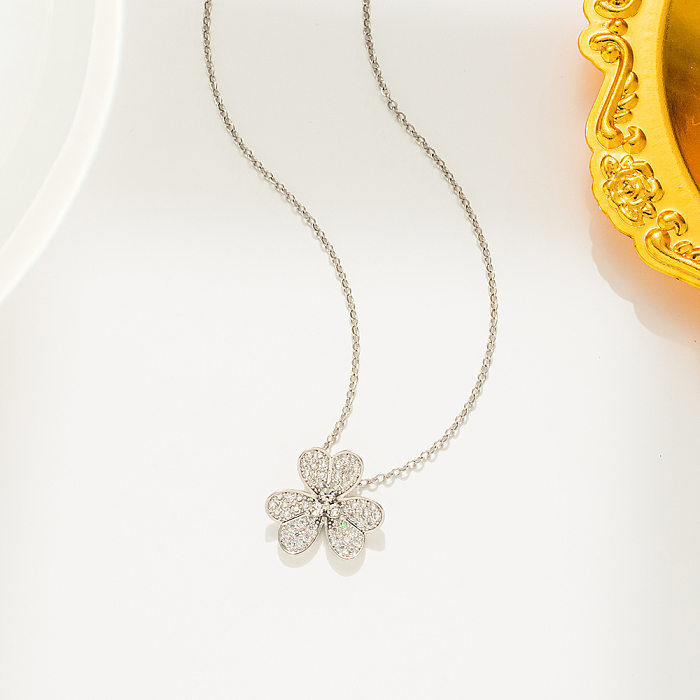 Collier pendentif en Zircon incrusté d'acier inoxydable de fleur de Style Simple