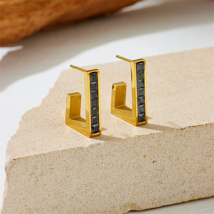 1 par de brincos de orelha banhados a ouro 18K, estilo simples, cor sólida, incrustação de zircão de aço inoxidável