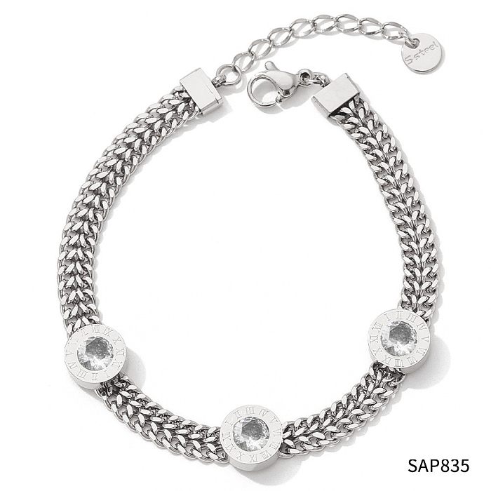 Simple Style Commute Round Stainless Steel Inlay Zircon Bracelets