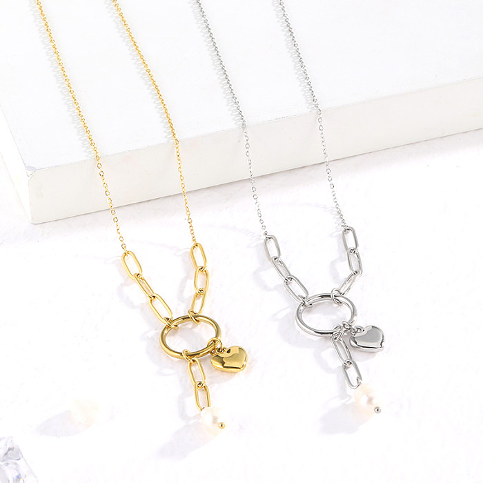 Casual Simple Style Heart Shape Solid Color Stainless Steel  Pearl Plating 14K Gold Plated Pendant Necklace