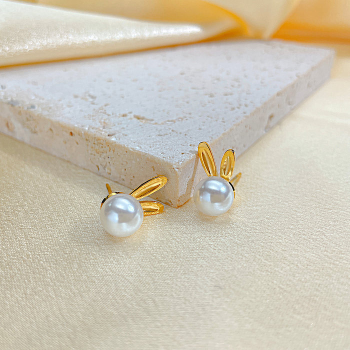 1 paire de perles artificielles en acier inoxydable, incrustation de perles de Style Simple et mignon, clous d'oreilles