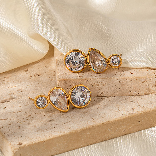 1 Pair IG Style Simple Style Round Water Droplets Plating Inlay Stainless Steel  Zircon 18K Gold Plated Ear Studs