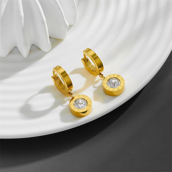 1 Paar elegante, schlichte, runde, plattierte Inlay-Ohrringe aus Edelstahl mit Diamanten und 18-Karat-Vergoldung