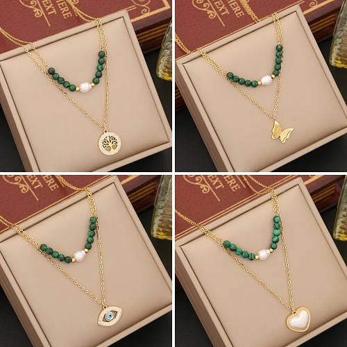 Retro Tree Heart Shape Eye Stainless Steel  Malachite Inlay Artificial Diamond Pearl Layered Necklaces