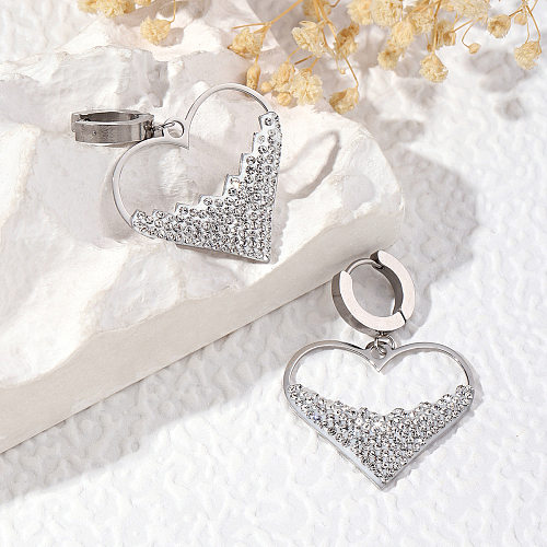 1 paire de boucles d'oreilles pendantes en acier inoxydable et Zircon, Style moderne et basique, incrustation en forme de cœur